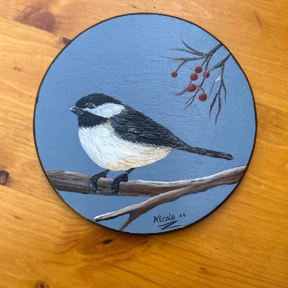 Vintage Chickadee Bird Wood Slice Painting Blue Small‎ Round Plaque Nicole Art